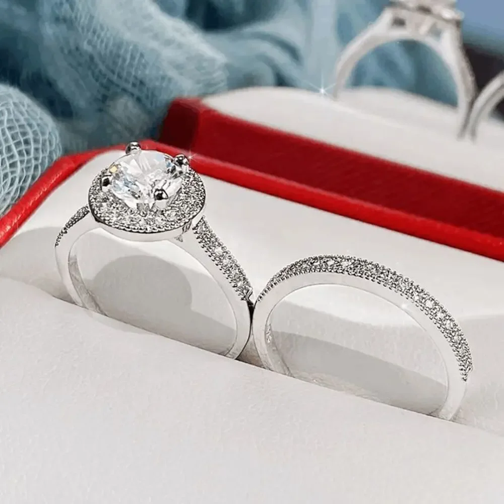 Gorgeous 2 Pc set Silver Color 4 Prong Zircon Luxury Ring